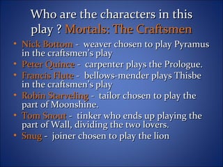 Who are the characters in thisWho are the characters in this
play ?play ? Mortals: The CraftsmenMortals: The Craftsmen
• Nick BottomNick Bottom - weaver chosen to play Pyramus- weaver chosen to play Pyramus
in the craftsmen’s playin the craftsmen’s play
• Peter QuincePeter Quince - carpenter plays the Prologue.- carpenter plays the Prologue.
• Francis FluteFrancis Flute - bellows-mender plays Thisbe- bellows-mender plays Thisbe
in the craftsmen’s playin the craftsmen’s play
• Robin StarvelingRobin Starveling - tailor chosen to play the- tailor chosen to play the
part of Moonshine.part of Moonshine.
• Tom SnoutTom Snout - tinker who ends up playing the- tinker who ends up playing the
part of Wall, dividing the two lovers.part of Wall, dividing the two lovers.
• SnugSnug - joiner chosen to play the lion- joiner chosen to play the lion
 