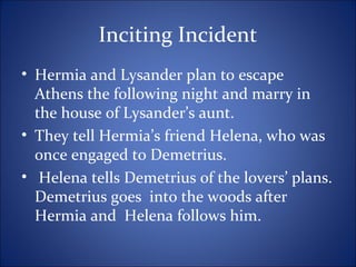 Inciting Incident
• Hermia and Lysander plan to escape
Athens the following night and marry in
the house of Lysander’s aunt.
• They tell Hermia’s friend Helena, who was
once engaged to Demetrius.
• Helena tells Demetrius of the lovers’ plans.
Demetrius goes into the woods after
Hermia and Helena follows him.
 