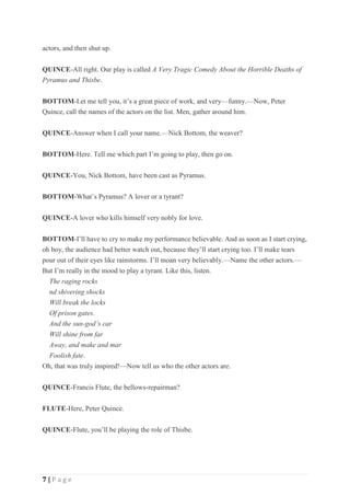 7 | P a g e
actors, and then shut up.
QUINCE-All right. Our play is called A Very Tragic Comedy About the Horrible Deaths of
Pyramus and Thisbe.
BOTTOM-Let me tell you, it’s a great piece of work, and very—funny.—Now, Peter
Quince, call the names of the actors on the list. Men, gather around him.
QUINCE-Answer when I call your name.—Nick Bottom, the weaver?
BOTTOM-Here. Tell me which part I’m going to play, then go on.
QUINCE-You, Nick Bottom, have been cast as Pyramus.
BOTTOM-What’s Pyramus? A lover or a tyrant?
QUINCE-A lover who kills himself very nobly for love.
BOTTOM-I’ll have to cry to make my performance believable. And as soon as I start crying,
oh boy, the audience had better watch out, because they’ll start crying too. I’ll make tears
pour out of their eyes like rainstorms. I’ll moan very believably.—Name the other actors.—
But I’m really in the mood to play a tyrant. Like this, listen.
The raging rocks
nd shivering shocks
Will break the locks
Of prison gates.
And the sun-god’s car
Will shine from far
Away, and make and mar
Foolish fate.
Oh, that was truly inspired!—Now tell us who the other actors are.
QUINCE-Francis Flute, the bellows-repairman?
FLUTE-Here, Peter Quince.
QUINCE-Flute, you’ll be playing the role of Thisbe.
 