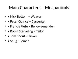 Main Characters – Mechanicals
• • Nick Bottom – Weaver
• • Peter Quince – Carpenter
• • Francis Flute – Bellows-mender
• • Robin Starveling – Tailor
• • Tom Snout – Tinker
• • Snug – Joiner
 