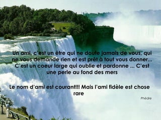 Un ami, c’est un être qui ne doute jamais de vous, qui ne vous demande rien et est prêt à tout vous donner... C’est un coeur large qui oublie et pardonne ... C’est une perle au fond des mers Le nom d’ami est courant!!! Mais l’ami fidèle est chose rare  Phèdre 