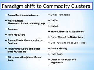 Paradigm shift to Commodity Clusters
  Animal feed Manufacturers         Small Ruminants

  Nutriceuticals /                  Coffee
   Pharmaceuticals/Cosmetic group
                                     Cocoa
  Bananas
                                     Traditional Fruit & Vegetables
  Pork Producers
                                     Sugar Cane & its Derivatives
  Bakers Confectionary and other
   Pastries                          Coconuts and other Edible oils

  Poultry Producers and other       Beef and Dairy
   Meat Processors
                                     Root Crops
  Citrus and other juices Sugar
   Cane                              Other exotic fruits and
                                      vegetables
                                    13
 