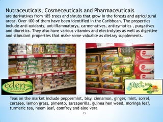 Nutraceuticals, Cosmeceuticals and Pharmaceuticals
are derivatives from 185 trees and shrubs that grow in the forests and agricultural
areas. Over 100 of them have been identified in the Caribbean. The properties
include anti-oxidants, ant-iflammatorys, carmenatives, antizymotics , purgatives
and diuretics. They also have various vitamins and electrolytes as well as digestive
and stimulant properties that make some valuable as dietary supplements.




  Teas on the market include peppermint, bisy, cinnamon, ginger, mint, sorrel,
  cerasee, lemon grass, pimento, sarsaperilla, guinea hen weed, moringa leaf,
  turmeric tea, neem leaf, comfrey and aloe vera
                                          15
 