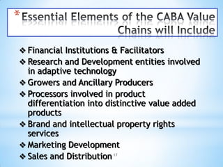 *

 Financial Institutions & Facilitators
 Research and Development entities involved
  in adaptive technology
 Growers and Ancillary Producers
 Processors involved in product
  differentiation into distinctive value added
  products
 Brand and intellectual property rights
  services
 Marketing Development
 Sales and Distribution 17
 