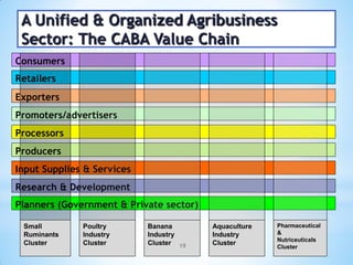 A Unified & Organized Agribusiness
 Sector: The CABA Value Chain
Consumers
Retailers
Exporters
Promoters/advertisers
Processors
Producers
Input Supplies & Services
Research & Development
Planners (Government & Private sector)

 Small        Poultry       Banana       Aquaculture   Pharmaceutical
 Ruminants    Industry      Industry     Industry      &
                                                       Nutriceuticals
 Cluster      Cluster       Cluster 19   Cluster
                                                       Cluster
 