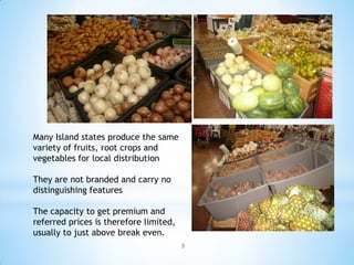Many Island states produce the same
variety of fruits, root crops and
vegetables for local distribution

They are not branded and carry no
distinguishing features

The capacity to get premium and
referred prices is therefore limited,
usually to just above break even.
                                        3
 