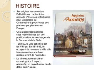 HISTOIRE
 Ses origines remontent au
Paléolithique. Le territoire
possède d'énormes potentialités
pour la géologie du
Quaternaire et pour l'étude des
premiers peuplements en
Europe.
 On a aussi découvert des
sites mésolithiques sur des
positions d'anciennes berges de
la Somme et de la Selle.
 En 859, la ville est pillée par
les Vikings. En 881-882, ils
occupent de nouveau la ville et la
transforment en une base
militaire avant de l'incendier.
 La ville est reconstruite et
connait, grâce à la paix
retrouvée, un nouvel essor dès le
début du XIe siècle.
 