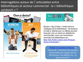 InterrogaQons 
autour 
de 
l’arQculaQon 
entre 
bibliothèques 
et 
secteur 
commercial 
: 
la 
« 
bibliothèque-­‐ 
sandwich 
» 
? 
Bouton « Buy It Now » inséré dans le 
catalogue de la bibliothèque : les lecteurs 
en liste d’attente pour un eBook peuvent 
basculer vers un achat sur plateforme 
commerciale, avec une commission 
reversée à la bibliothèque (ex : 
New York Public Library avec Penguin, 
Simon & Schuster ) 
Débats 
et 
quesQons 
éthiques 
à 
propos 
de 
l’uQlisaQon 
des 
données 
personnelles 
des 
usagers 
par 
les 
distributeurs, 
les 
éditeurs 
ou… 
le 
gouvernement 
? 
 