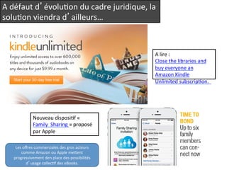 A 
défaut 
d’évoluQon 
du 
cadre 
juridique, 
la 
soluQon 
viendra 
d’ailleurs… 
A 
lire 
: 
Close 
the 
libraries 
and 
buy 
everyone 
an 
Amazon 
Kindle 
Unlimited 
subscripQon. 
Nouveau 
disposiQf 
« 
Family 
Sharing 
» 
proposé 
par 
Apple 
Les 
offres 
commerciales 
des 
gros 
acteurs 
comme 
Amazon 
ou 
Apple 
meeent 
progressivement 
den 
place 
des 
possibilités 
d’usage 
collecQf 
des 
eBooks. 
 