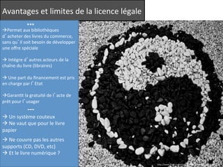 Avantages 
et 
limites 
de 
la 
licence 
légale 
hep://www.flickr.com/photos/59447819@N05/6288309028/ 
+++ 
à Permet 
aux 
bibliothèques 
d’acheter 
des 
livres 
du 
commerce, 
sans 
qu’il 
soit 
besoin 
de 
développer 
une 
offre 
spéciale 
à 
Intègre 
d’autres 
acteurs 
de 
la 
chaîne 
du 
livre 
(libraires) 
à 
Une 
part 
du 
financement 
est 
pris 
en 
charge 
par 
l’Etat 
à GaranQt 
la 
gratuité 
de 
l’acte 
de 
prêt 
pour 
l’usager 
-­‐-­‐-­‐ 
à 
Un 
système 
couteux 
à 
Ne 
vaut 
que 
pour 
le 
livre 
papier 
à 
Ne 
couvre 
pas 
les 
autres 
supports 
(CD, 
DVD, 
etc) 
à 
Et 
le 
livre 
numérique 
? 
 