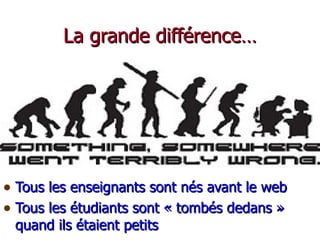La grande différence…




• Tous les enseignants sont nés avant le web
• Tous les étudiants sont « tombés dedans »
 quand ils étaient petits
 