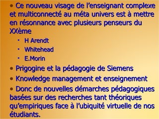 • Ce nouveau visage de l’enseignant complexe
et multiconnecté au méta univers est à mettre
en résonnance avec plusieurs penseurs du
XXème
  • H Arendt
  • Whitehead
  • E.Morin
• Prigogine et la pédagogie de Siemens
• Knowledge management et enseignement
• Donc de nouvelles démarches pédagogiques
basées sur des recherches tant théoriques
qu’empiriques face à l’ubiquité virtuelle de nos
étudiants.
 