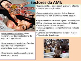 Sectores da AMI:
                                        •Departamento da acção social - promover e facilitar
                                        a inclusão e integração social;

                                        •Departamento do ambiente – defesa do meio
                                        ambiente para bem estar físico, mental e social;

                                        •Departamento internacional – gerir a intervenção da
                                        AMI no estrangeiro, com as principais actividades:
                                        Apreciação de pedidos de apoio;
                                        Estudo, preparação, acompanhamento e avaliação
                                        de missões;
•Departamento da logística – bom        Contacto permanente com os chefes de missão;
funcionamento das missões (envio de     Dinamização de palestras
ajuda para os projectos)

•Departamento do Marketing – Gestão e
organização de campanhas de
angariação de fundos e parcerias;

•Departamento dos Recursos Humanos –
Avaliação do pessoal
 