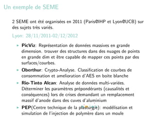 Un exemple de SEME

  2 SEME ont ´t´ organis´es en 2011 (Paris@IHP et Lyon@UCB) sur
                ee        e
  des sujets tr`s vari´s.
               e      e
  Lyon: 28/11/2011-02/12/2012
      PicViz: Repr´sentation de donn´es massives en grande
                   e                  e
      dimension. trouver des structures dans des nuages de points
      en grande dim et ˆtre capable de mapper ces points par des
                        e
      surfaces/courbes.
      Oberthur: Crypto-Analyse. Classiﬁcation de courbes de
      consommation et amelioration d’AES en boite blanche
      Rio-Tinto Alcan: Analyse de donn´es multi-vari´es.
                                         e           e
      D´terminer les param`tres pr´pond´rants (causalit´s et
        e                  e       e    e              e
      cons´quences) lors de crises demandant un remplacement
          e
      massif d’anode dans des cuves d’aluminium
      PEP(Centre technique de la plasturgie): mod´lisation et
                                                    e
      simulation de l’injection de polym`re dans un moule
                                        e
 