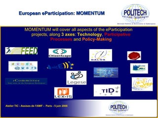 European eParticipation: MOMENTUM Atelier TIC - Assises de l'AMIF -  Paris - 5 juin 2008 MOMENTUM will cover all aspects of the eParticipation projects, along  3 axes :  Technology ,  Participative Processes   and   Policy-Making 