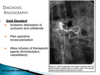  Gold Standard
⚫ Anatomic delineation of
occlusion and collaterals
⚫ Plan operative
revascularization
⚫ Allow infusion of therapeutic
agents (thrombolytics,
vasodilators)
1 Ann Surg 2001;233(6):801-808
 