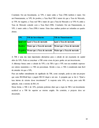14
Conclusão: Em um Investimento, se VPL é maior então a Taxa (TIR) também é maior. Em
um Financiamento, se VPL for positivo, a Taxa Real TIR é menor do que a Taxa de Mercado,
se VPL for negativo, a Taxa real TIR é maior do que a Taxa de Mercado e se VPL=0, então a
Taxa de Mercado coincide com a Taxa Real (TIR). Conclusão: Em um Financiamento, se
VPL é maior então a Taxa (TIR) é menor. Estas duas análises podem ser reduzidas ao quadro
abaixo.
VPL TIR do Investimento TIR do Financiamento
Igual a 0 Igual à Taxa de mercado Igual à Taxa de mercado
Positivo Maior que a Taxa de mercado Menor que a Taxa de mercado
Negativo Menor que a Taxa de mercado Maior que a Taxa de mercado
A TIR é uma das mais importantes alternativas para o cálculo de um orçamento de capital
além do VPL. Pode-se conceituar a TIR como a taxa de juros ganha em um investimento.
A diferença básica entre o cálculo do VPL e da TIR é que o VPL tem seu resultado expresso
em valores monetários e a TIR em percentuais. Devido a isso, a TIR é considerada mais fácil
de entender do que o VPL.
Para um melhor entendimento do significado da TIR, como exemplo, pode-se citar um projeto
que custa R$100mil hoje e pagará R$110 daqui a um ano. A pergunta que se faz é: “Qual a
taxa interna de retorno desse investimento?” A resposta seria 10%, ou seja, para cada R$
aplicado, teria o retorno de R$1,10.
Dessa forma, a TIR é de 10%, portanto podemos dizer que a regra da TIR é um investimento
aceitável se a TIR for superior ao retorno exigido. Do contrário, o projecto deve ser
descartado.
 