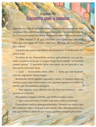 Capítulo VI
             Encontro com o menino

Algumas dúvidas do peixinho sobre o homem estavam para ser des-
vendadas. Douradinho nadava, agora bem perto das casas na beira do
rio. Eram muito pequenas. Feitas de madeira e tijolos sem acabamento.
  — Olhe, latinha! É ali que o homem vive! Que coisa estranha!
Pelo que vejo daqui de baixo, não é tão diferente da minha casa.
Que sujeira!
   A latinha não parava de brilhar um só instante. O sol do meio-dia
estava forte.
  Na beira do rio, Douradinho avistou pela primeira vez um ho-
mem. Lembrou-se do que a Língua Negra havia falado: “os homens
comem peixes”. O peixinho ficou com medo de ser pescado e na-
dou ainda com mais força.
   — Lata! — Douradinho disse, aflito. — Acho que este humano
está nos seguindo! Vamos fugir!
   Realmente, havia alguém seguindo o peixe. O menino Mino ca-
minhava para casa observando o rio, quando reparou no brilho da
latinha que Douradinho carregava.
  — Tem alguma coisa debaixo do rio! Será um tesouro? — per-
guntou-se o menino.
  Ele passou a seguir a latinha, que brilhava mais e mais.
  — Que coisa estranha! O brilho está indo contra a corrente!
   Douradinho nadava desesperadamente. Pensava em tudo o que
lhe contaram sobre o homem e teve medo. Mas olhando para a sua
lata, que brilhava mais do que nunca, ganhou coragem para falar:

                                 22
 
