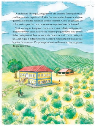 A professora disse que, antigamente, era costume fazer queimadas
pra limpar o solo depois da colheita. Por isso, muitas árvores acabaram
queimadas e muitas nascentes de rios secaram. Como eu gostaria de
voltar no tempo e dar uma bronca nesses queimadores de árvores!
   Você consegue imaginar como era a sua cidade antigamente,
muitos e muitos anos atrás? Hoje mesmo pergunto pro meu avô se
tinha mais passarinhos, se era mais fresco, se o rio dava mais pei-
xe... Acho que a cidade cresceu e acabou espantando muitas coisas
bonitas da natureza. Pergunte pros mais velhos como era no passa-
do pra conferir...




                                 36
 