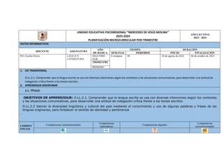 UNIDAD EDUCATIVA FISCOMISIONAL ‘’MERCEDES DE JESÚS MOLINA’’
2023-2024
PLANIFICACIÓN MICROCURRICULAR POR TRIMESTRE
AÑO LECTIVO
2023 - 2024
DATOS INFORMATIVOS
DOCENTE ASIGNATURA
AÑO
DE BÁSICA
TIEMPO DURACIÓN
SEMANAS PERIODOS INICIO FINALIZACIÓN
Prf; Cecilia Flores . LEGUA Y
LITERATURA
SEGUNDO
EGB
6 semanas 48 24 de agosto de 2023 06 de octubre de 2023
TRIMESTRE
PRIMERO
1. EJE TRANSVERSAL
O.LL.2.1. Comprender que la lengua escrita se usa con diversas intenciones según los contextos y las situaciones comunicativas, para desarrollar una actitud de
indagación crítica frente a los textos escritos.
2. APRENDIZAJE DISCIPLINAR
2.1. TÍTULO:
OBJETIVOS DE APRENDIZAJE: O.LL.2.1. Comprender que la lengua escrita se usa con diversas intenciones según los contextos
y las situaciones comunicativas, para desarrollar una actitud de indagación crítica frente a los textos escritos.
O.LL.2.2 Valorar la diversidad lingüística y cultural del país mediante el conocimiento y uso de algunas palabras y frases de las
lenguas originarias, para fortalecer el sentido de identidad y pertenencia
.
COMPET
ENCIAS
Competencias comunicacionales
Competencias
matemáticas
Competencias digitales
Competencias
socioemocionales
 