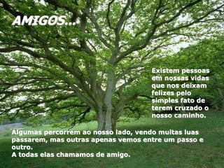 Existem pessoas
em nossas vidas
que nos deixam
felizes pelo
simples fato de
terem cruzado o
nosso caminho.
Algumas percorrem ao nosso lado, vendo muitas luas
passarem, mas outras apenas vemos entre um passo e
outro.
A todas elas chamamos de amigo.
AMIGOS...
 