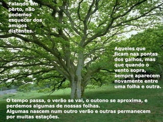 Aqueles que
ficam nas pontas
dos galhos, mas
que quando o
vento sopra,
sempre aparecem
novamente entre
uma folha e outra.
O tempo passa, o verão se vai, o outono se aproxima, e
perdemos algumas de nossas folhas.
Algumas nascem num outro verão e outras permanecem
por muitas estações.
Falando em
perto, não
podemos
esquecer dos
amigos
distantes.
 