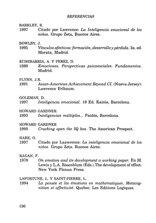 REFERENCIAS
BARKLEY, R.
1997 Citado por Lawrence: La Inteligencia emocional de los
niños. Grupo Zeta, Buenos Aires.
BOWLBY, J.
1995 Vínculos afectivos: formación, desarrollo y pérdida. 2a. ed.
Morata, Madrid.
ECHEBARRIA, A. Y PEREZ, D.
1989 Emociones. Perspectivas psicosociales. Fundamentos.
Madrid.
FLYNN, J.R.
1991 Asían-American Achievement Beyond CI. (Nueva Jersey):
Lawrence Erlbaum.
GOLEMAN, D.
1997 Inteligencia emocional. 19 Ed. Kairós, Barcelona.
HOWARD GARDNER
1993 Inteligencias múltiples... Paidós, Barcelona.
HOWARD GARDNER
1995 Cracking open the IQ box. The American Prospect.
HARE, O.
1997 Citado por Laawrence: La inteligencia emocional de los
niños. Grupo Zeta. Buenos Aires.
KAGAN, F.
1978 On emotion and its development a working paper. En M.
Lewis y L.A. Rosenblum (Eds.).The development of effect.
New York Plenun Press.
LAFORTUNE, L. Y SAINT-PIERRE, L.
1994 La pensée et les émotions en mathematiques. Metacog-
nition et affectivité. Quebec. Les Editions Logiques.
196
 