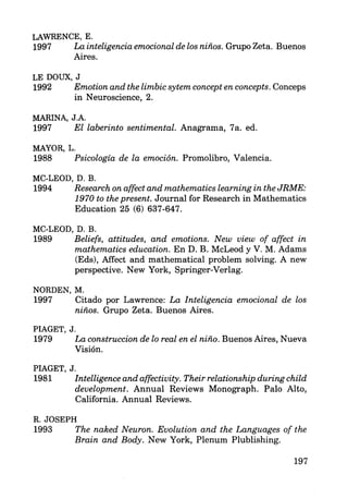 LAWRENCE, E.
1997 La inteligencia emocional de los niños. Grupo Zeta. Buenos
Aires.
LE DOUX, J
1992 Emotion and the limbic sytem concept en concepts. Conceps
in Neuroscience, 2.
MARINA, J.A.
1997 El laberinto sentimental. Anagrama, 7a. ed.
MAYOR, L.
1988 Psicología de la emoción. Promolibro, Valencia.
MC-LEOD, D. B.
1994 Research on affect and mathematics learning in the JRME:
1970 to the present. Journal for Research in Mathematics
Education 25 (6) 637-647.
MC-LEOD, D. B.
1989 Beliefs, attitudes, and emotions. New view of affect in
mathematics education. En D. B. McLeod y V. M. Adams
(Eds), Affect and mathematical problem solving. A new
perspective. New York, Springer-Verlag.
NORDEN, M.
1997 Citado por Lawrence: La Inteligencia emocional de los
niños. Grupo Zeta. Buenos Aires.
PIAGET, J.
1979 La construccion de lo real en el niño. Buenos Aires, Nueva
Visión.
PIAGET, J.
1981 Intelligence and affectivity. Their relationship during child
development. Annual Reviews Monograph. Palo Alto,
California. Annual Reviews.
R. JOSEPH
1993 The naked Neuron. Evolution and the Languages of the
Brain and Body. New York, Plenum Plublishing.
197
 