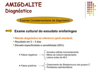 AMIGDALITE
Diagnóstico
Exames Complementares de diagnóstico
Exame cultural do exsudato orofaríngeo
 Método diagnóstico de referência (gold standard)
 Resultado em 2 – 3 dias
 Elevada especificidade e sensibilidade (95%)
• Falsos negativos
• Falsos positivos
- Amostra colhida incorrectamente
- Meios de cultura inapropriados
- Leitura antes de 48 h
- Crescimento de Streptococcus dos grupos C
- Portadores assintomáticos
 