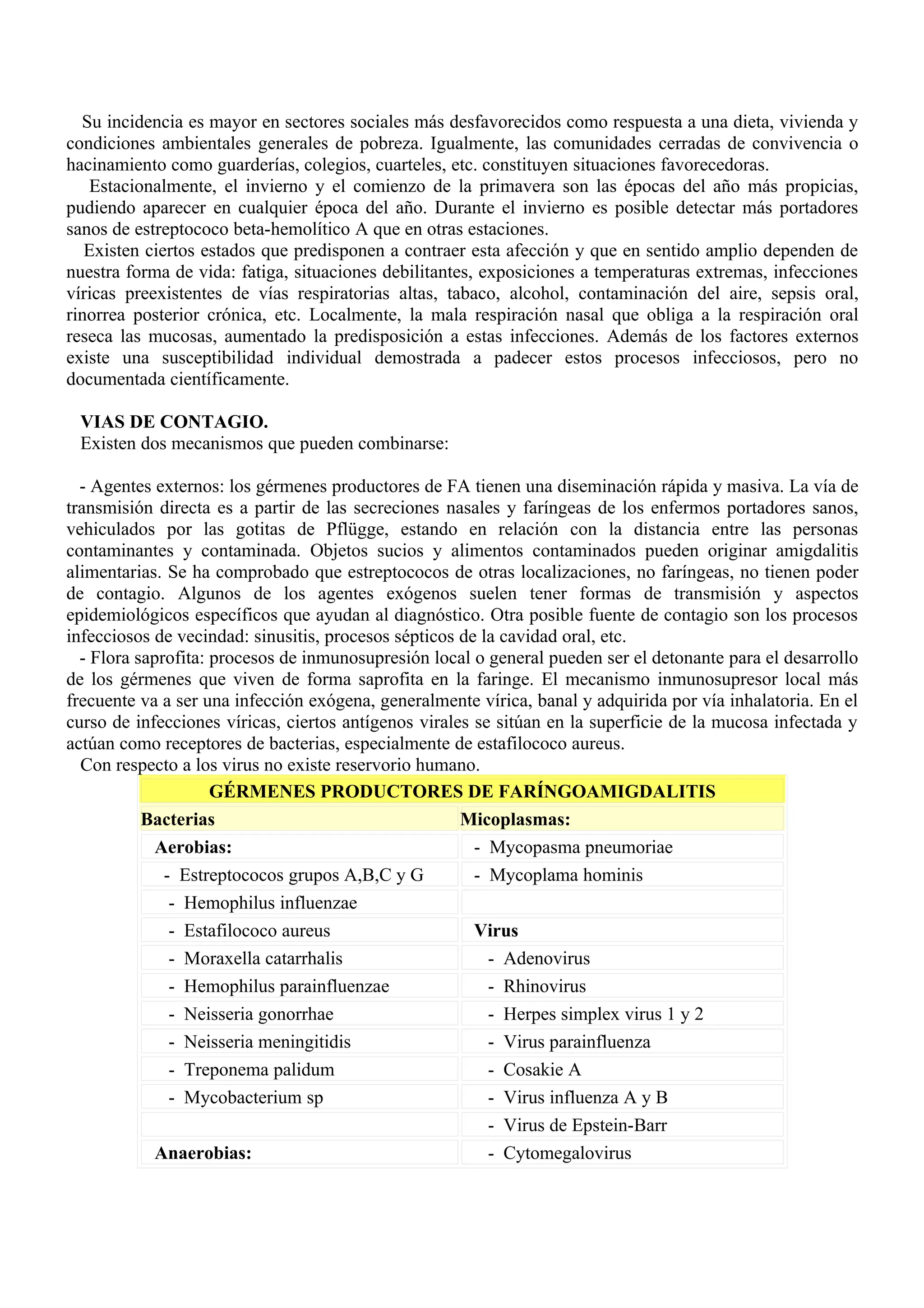 Su incidencia es mayor en sectores sociales más desfavorecidos como respuesta a una dieta, vivienda y
condiciones ambientales generales de pobreza. Igualmente, las comunidades cerradas de convivencia o
hacinamiento como guarderías, colegios, cuarteles, etc. constituyen situaciones favorecedoras.
   Estacionalmente, el invierno y el comienzo de la primavera son las épocas del año más propicias,
pudiendo aparecer en cualquier época del año. Durante el invierno es posible detectar más portadores
sanos de estreptococo beta-hemolítico A que en otras estaciones.
   Existen ciertos estados que predisponen a contraer esta afección y que en sentido amplio dependen de
nuestra forma de vida: fatiga, situaciones debilitantes, exposiciones a temperaturas extremas, infecciones
víricas preexistentes de vías respiratorias altas, tabaco, alcohol, contaminación del aire, sepsis oral,
rinorrea posterior crónica, etc. Localmente, la mala respiración nasal que obliga a la respiración oral
reseca las mucosas, aumentado la predisposición a estas infecciones. Además de los factores externos
existe una susceptibilidad individual demostrada a padecer estos procesos infecciosos, pero no
documentada científicamente.

 VIAS DE CONTAGIO.
 Existen dos mecanismos que pueden combinarse:

  - Agentes externos: los gérmenes productores de FA tienen una diseminación rápida y masiva. La vía de
transmisión directa es a partir de las secreciones nasales y faríngeas de los enfermos portadores sanos,
vehiculados por las gotitas de Pflügge, estando en relación con la distancia entre las personas
contaminantes y contaminada. Objetos sucios y alimentos contaminados pueden originar amigdalitis
alimentarias. Se ha comprobado que estreptococos de otras localizaciones, no faríngeas, no tienen poder
de contagio. Algunos de los agentes exógenos suelen tener formas de transmisión y aspectos
epidemiológicos específicos que ayudan al diagnóstico. Otra posible fuente de contagio son los procesos
infecciosos de vecindad: sinusitis, procesos sépticos de la cavidad oral, etc.
  - Flora saprofita: procesos de inmunosupresión local o general pueden ser el detonante para el desarrollo
de los gérmenes que viven de forma saprofita en la faringe. El mecanismo inmunosupresor local más
frecuente va a ser una infección exógena, generalmente vírica, banal y adquirida por vía inhalatoria. En el
curso de infecciones víricas, ciertos antígenos virales se sitúan en la superficie de la mucosa infectada y
actúan como receptores de bacterias, especialmente de estafilococo aureus.
  Con respecto a los virus no existe reservorio humano.
                     GÉRMENES PRODUCTORES DE FARÍNGOAMIGDALITIS
           Bacterias                                  Micoplasmas:
            Aerobias:                                   - Mycopasma pneumoriae
              - Estreptococos grupos A,B,C y G          - Mycoplama hominis
               - Hemophilus influenzae
               - Estafilococo aureus                    Virus
               - Moraxella catarrhalis                    - Adenovirus
               - Hemophilus parainfluenzae                - Rhinovirus
               - Neisseria gonorrhae                      - Herpes simplex virus 1 y 2
               - Neisseria meningitidis                   - Virus parainfluenza
               - Treponema palidum                        - Cosakie A
               - Mycobacterium sp                         - Virus influenza A y B
                                                          - Virus de Epstein-Barr
            Anaerobias:                                   - Cytomegalovirus
 