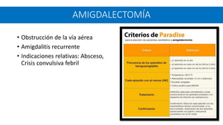 • Obstrucción de la vía aérea
• Amigdalitis recurrente
• Indicaciones relativas: Absceso,
Crisis convulsiva febril
AMIGDALECTOMÍA
 