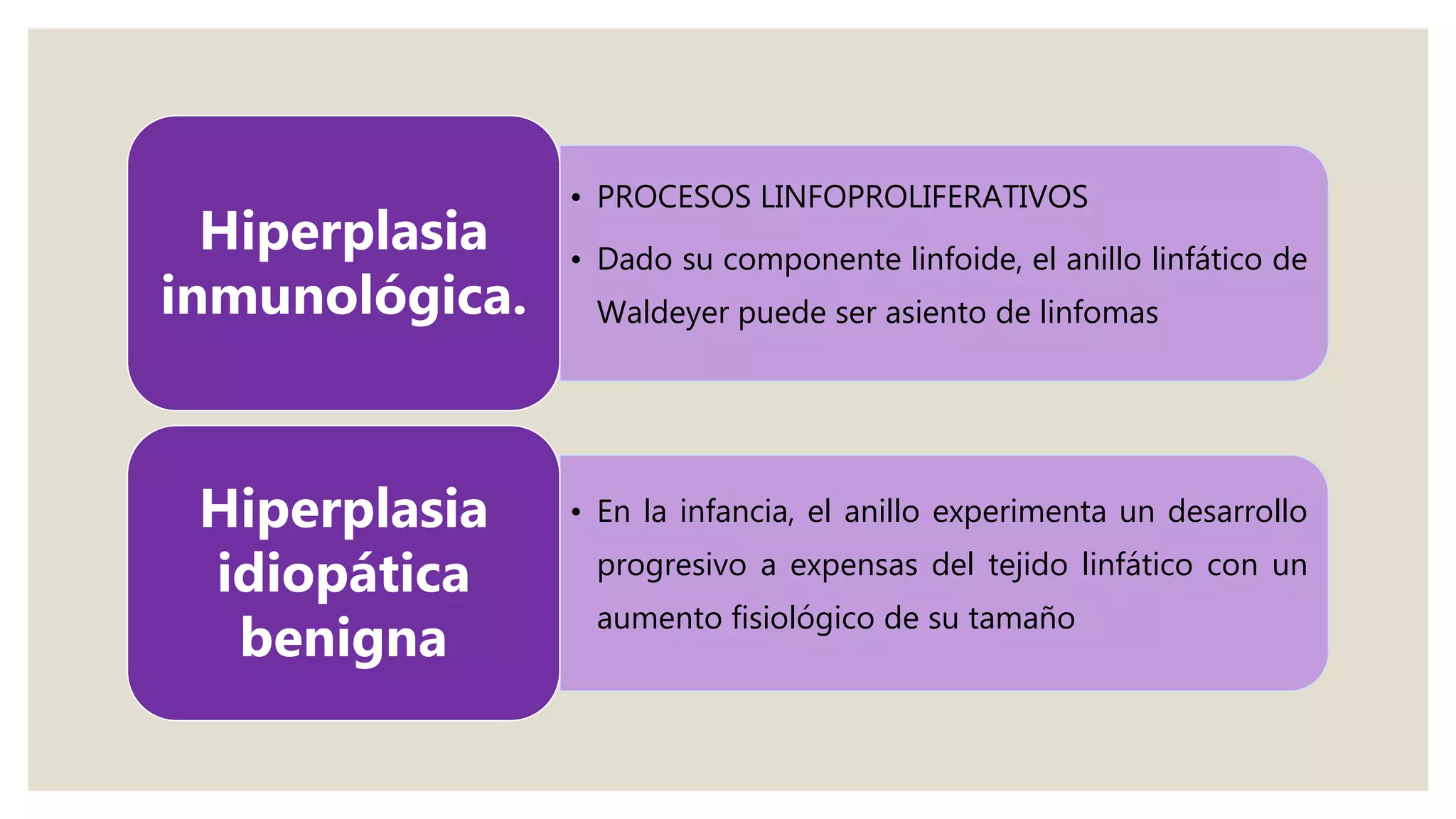 • PROCESOS LINFOPROLIFERATIVOS
• Dado su componente linfoide, el anillo linfático de
Waldeyer puede ser asiento de linfomas
Hiperplasia
inmunológica.
• En la infancia, el anillo experimenta un desarrollo
progresivo a expensas del tejido linfático con un
aumento fisiológico de su tamaño
Hiperplasia
idiopática
benigna
 