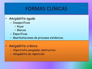 FORMAS CLINICAS
• Amigdalitis aguda
– Inespecíficas
• Rojas
• Blancas
– Específicas
– Manifestaciones de procesos sistémicos.
• Amigdalitis crónica
– Hipertrofia amigdalar obstructiva
– Amigdalitis de repetición
 