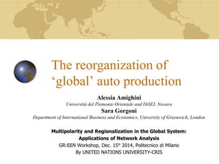 The reorganization of ‘global’ auto production 
AlessiaAmighini 
Universitàdel PiemonteOrientale and DiSEI, Novara 
Sara Gorgoni 
Department of International Business and Economics, University of Greenwich, London 
Multipolarityand Regionalization in the Global System: 
Applications of Network Analysis 
GR:EEN Workshop, Dec. 15°2014, Politecnico di Milano 
By UNITED NATIONS UNIVERSITY-CRIS  