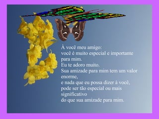 À você meu amigo: você é muito especial e importante para mim. Eu te adoro muito. Sua amizade para mim tem um valor enorme, e nada que eu possa dizer à você, pode ser tão especial ou mais significativo do que sua amizade para mim.  