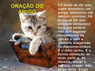 Há muito se diz que, quem encontrou um amigo, encontrou um tesouro precioso. Há muito se diz que amizade verdadeira dura pra sempre. Não tem aquelas tempestades da paixão e nem a calmaria exagerada do descompromisso. É o meio termo. É a bonita sensação do estar perto e, de repente, deixar o silêncio chegar. Não exige tanto. Exige tudo.  ORAÇÃO DO AMIGO 