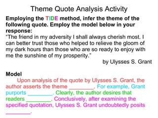 Theme Quote Analysis Activity
Employing the TIDE method, infer the theme of the
following quote. Employ the model below in your
response:
“The friend in my adversity I shall always cherish most. I
can better trust those who helped to relieve the gloom of
my dark hours than those who are so ready to enjoy with
me the sunshine of my prosperity.”
by Ulysses S. Grant
Model
Upon analysis of the quote by Ulysses S. Grant, the
author asserts the theme ________. For example, Grant
purports ________. Clearly, the author desires that
readers ________. Conclusively, after examining the
specified quotation, Ulysses S. Grant undoubtedly posits
________.
 