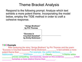 Theme Bracket Analysis
Respond to the following prompt: Analyze which text
exhibits a more potent theme. Incorporating the model
below, employ the TIDE method in order to craft a
cohesive response.
“Success is
Counted Sweetest”
by Emily Dickinson
“Amigo Brothers”
by Piri Thomas
TIDE Example
After analyzing the story “Amigo Brothers” by Piri Thomas and the poem
“Success is Counted Sweetest” Emily Dickinson, ________'s text exhibits a more
potent theme than ________. For example, the author declares________ ().
Additionally, ________ proclaims ________ (). Clearly, ________'s theme within
________ proves compelling. Conclusively, based on this evidence, ________'s text
________ furnishes a more distinct theme than ________.
 