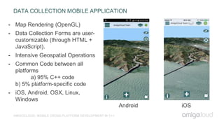 DATA COLLECTION MOBILE APPLICATION
AMIGOCLOUD: MOBILE CROSS-PLATFORM DEVELOPMENT IN C++
Android iOS
- Map Rendering (OpenGL)
- Data Collection Forms are user-
customizable (through HTML +
JavaScript).
- Intensive Geospatial Operations
- Common Code between all
platforms
a) 95% C++ code
b) 5% platform-specific code
- iOS, Android, OSX, Linux,
Windows
 