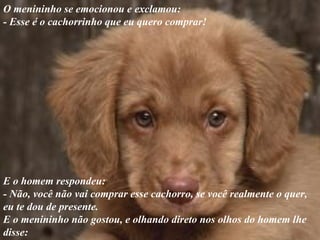 O menininho se emocionou e exclamou:
- Esse é o cachorrinho que eu quero comprar!




E o homem respondeu:
- Não, você não vai comprar esse cachorro, se você realmente o quer,
eu te dou de presente.
E o menininho não gostou, e olhando direto nos olhos do homem lhe
disse:
 