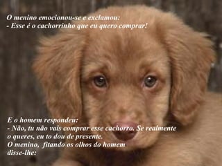 O menino emocionou-se e exclamou:  - Esse é o cachorrinho que eu quero comprar! E o homem respondeu: - Não, tu não vais comprar esse cachorro. Se realmente  o queres, eu to dou de presente.  O menino,  fitando os olhos do homem  disse-lhe: 