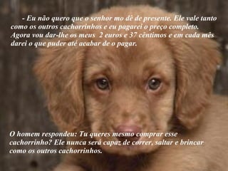 O homem respondeu: Tu queres mesmo comprar esse cachorrinho? Ele nunca será capaz de correr, saltar e brincar  como os outros cachorrinhos. - Eu não quero que o senhor mo dê de presente. Ele vale tanto como os outros cachorrinhos e eu pagarei o preço completo. Agora vou dar-lhe os meus  2 euros e 37 cêntimos e em cada mês darei o que puder até acabar de o pagar. 