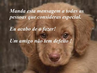 Manda esta mensagem a todas as  pessoas que consideras especial.  Eu acabo de o fazer!  Um amigo não tem defeito ! 