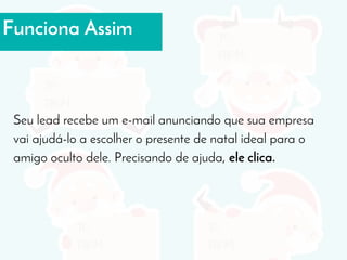 Funciona Assim
Seu lead recebe um e-mail anunciando que sua empresa
vai ajudá-lo a escolher o presente de natal ideal para o
amigo oculto dele. Precisando de ajuda, ele clica.
 