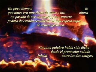 En poco tiempo,  lo que antes era una fiesta de calor y luz,  ahora no pasaba de ser un negro, frío y muerto  pedazo de carbón recubierto de una espesa capa  de ceniza grisácea. Ninguna palabra había sido dicha  desde el protocolar saludo inicial  entre los dos amigos. . 