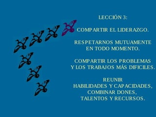 LECCIÓN 3:
COMP ARTIR EL LIDERAZGO.
RES P ETARNOS MUTUAMENTE
EN TODO MOMENTO.
COMP ARTIR LOS P ROBLEMAS
Y LOS TRABAJ OS MÁS DIFICILES .
REUNIR
HABILIDADES Y CAP ACIDADES ,
COMBINAR DONES ,
TALENTOS Y RECURS OS .

 