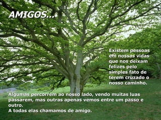 Existem pessoas em nossas vidas que nos deixam felizes pelo simples fato de terem cruzado o nosso caminho.  Algumas percorrem ao nosso lado, vendo muitas luas passarem, mas outras apenas vemos entre um passo e outro. A todas elas chamamos de amigo.  AMIGOS... 