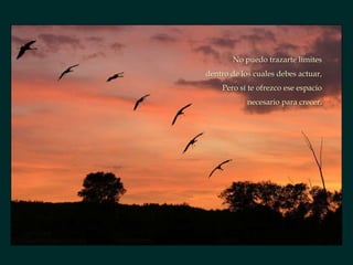 No puedo trazarte límites
dentro de los cuales debes actuar,
    Pero sí te ofrezco ese espacio
            necesario para crecer.
 