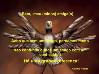 Acho que sem um amigo, perdemos muito Não confunda nunca um amigo com um conhecido ! Bem,  meu (minha) amiga(o) Há uma grande diferença! Carlos Rocha 