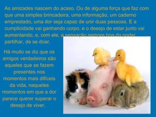 As amizades nascem do acaso. Ou de alguma força que faz com que uma simples brincadeira, uma informação, um caderno emprestado, uma dor seja capaz de unir duas pessoas. E a cumplicidade vai ganhando corpo, e o desejo de estar junto vai aumentando, e, com ele, a sensação sempre boa do poder partilhar, de se doar. Há muito se diz que os amigos verdadeiros são aqueles que se fazem presentes nos momentos mais difíceis da vida, naqueles momentos em que a dor parece querer superar o desejo de viver.  